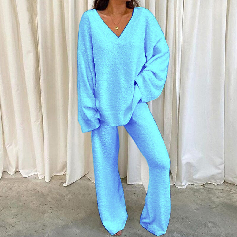 Blue Comfortable Solid Color V-Neck Two-Piece Fleece Set