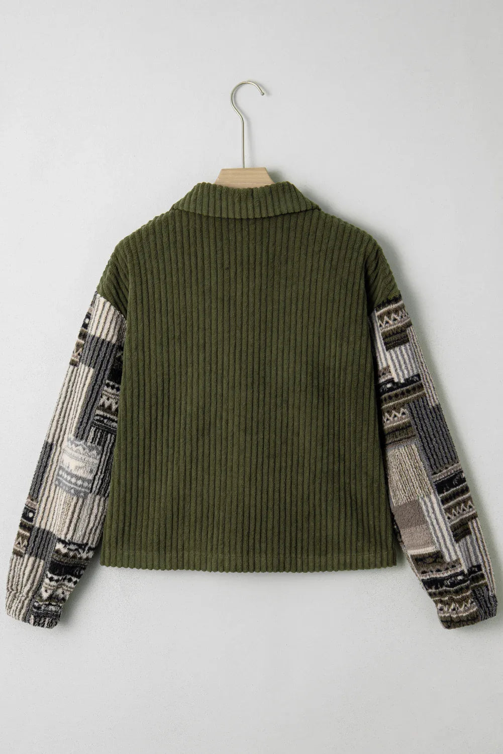 Army Green Ribbed Fleece Plaid Patchwork Button Up Jacket Bazaare Mart Outerwear/Jackets