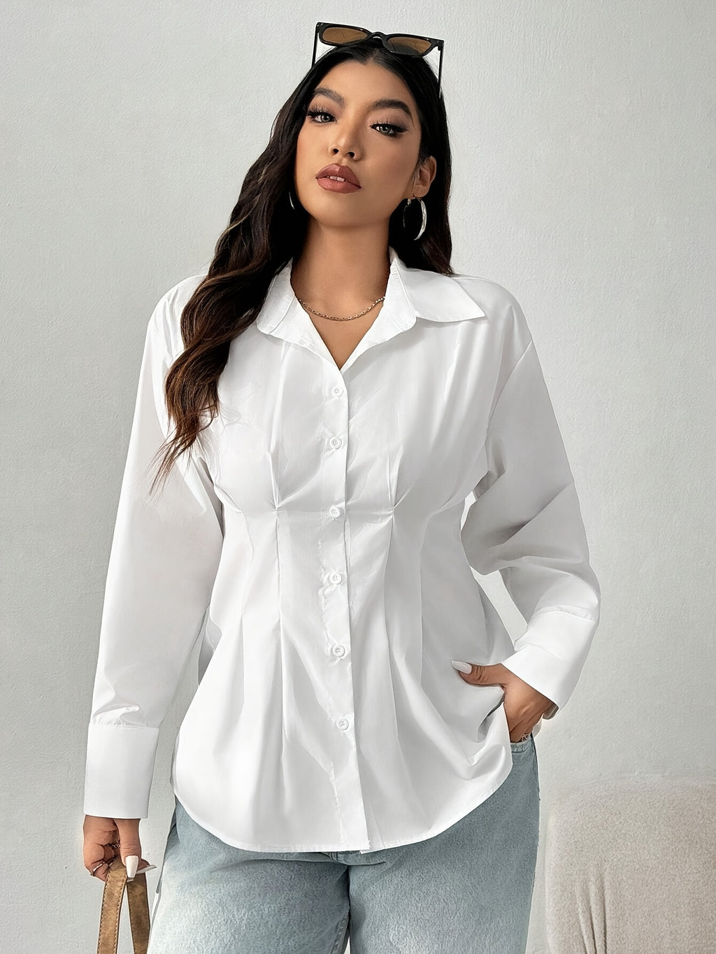 Women's Long Sleeve Button Up Cinched Waist Blouse