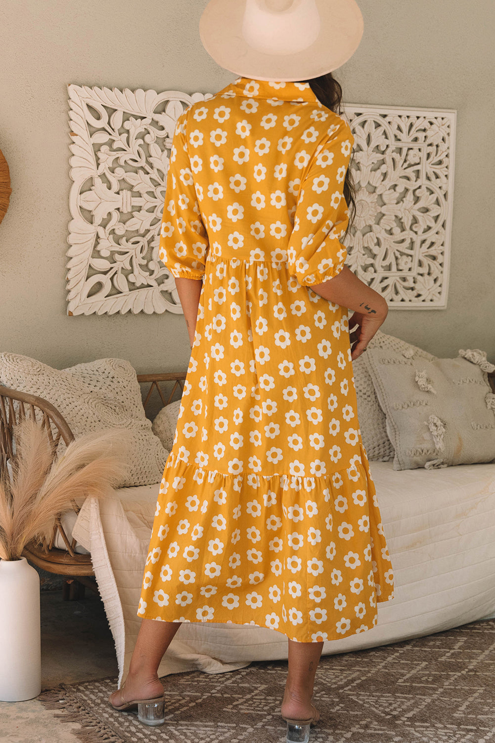 Yellow Flower 3/4 Sleeve Buttons Collared Maxi Dress