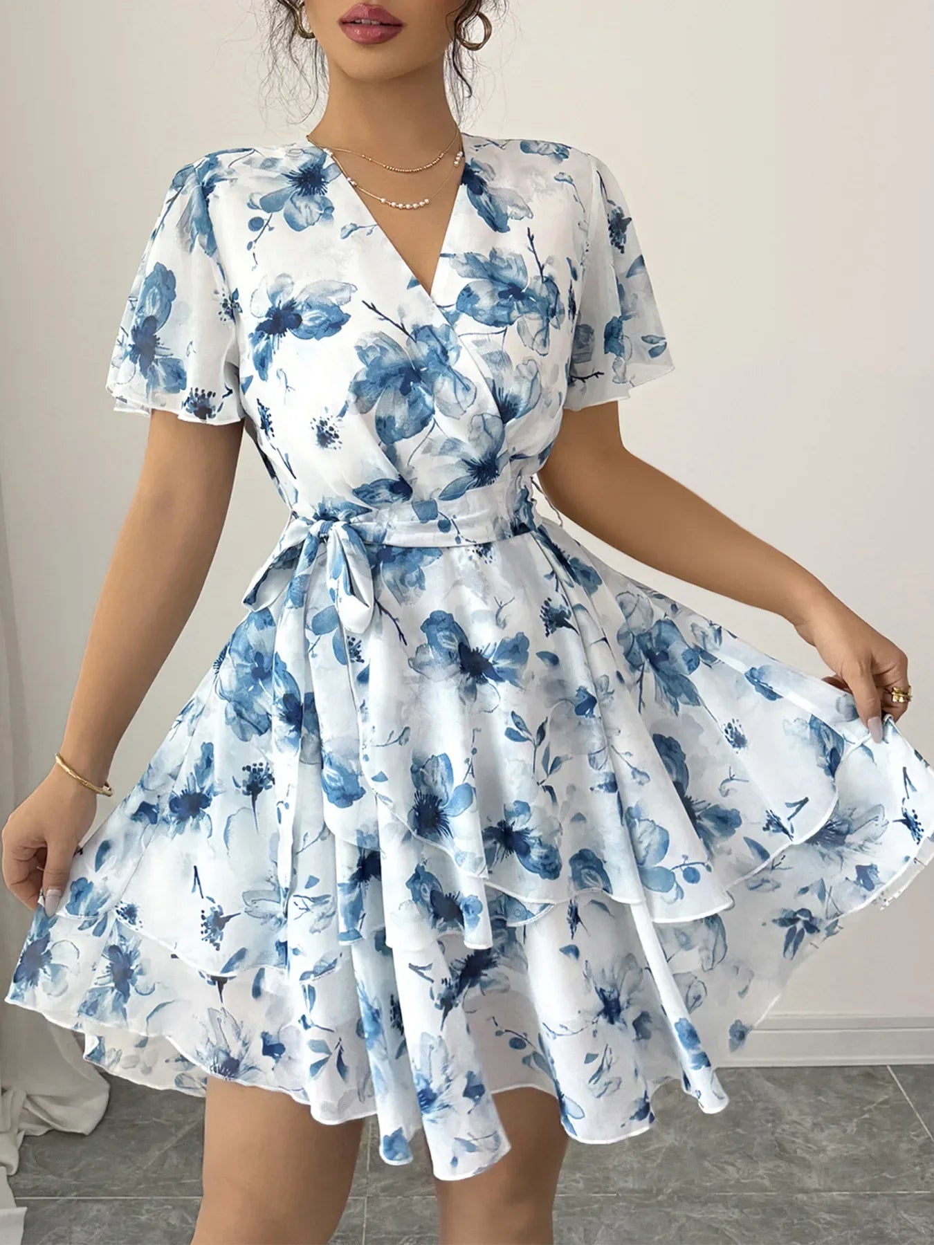 Printed Surplice Layered Mini Dress Bazarre Mart Printed Surplice Layered Mini Dress