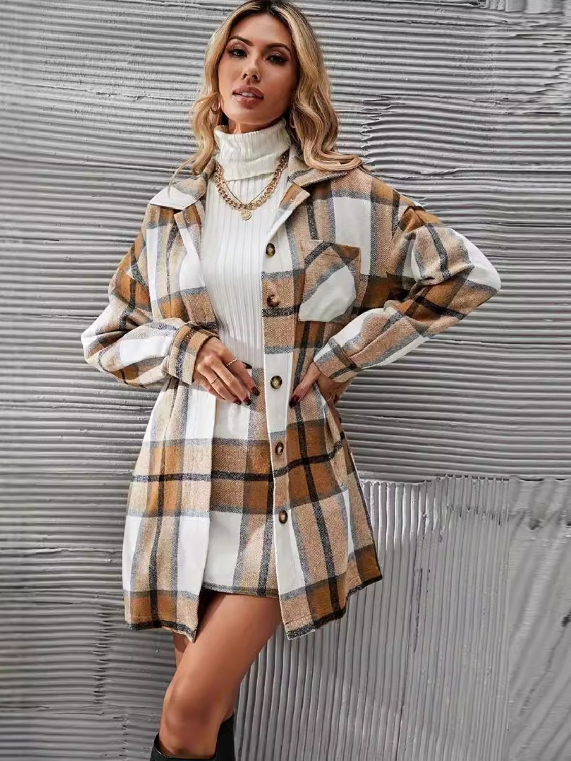 Camel Plaid Skirt Suit Set