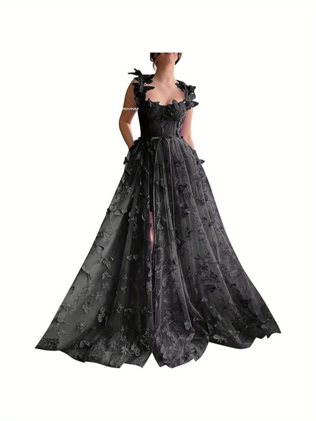 Elegant Long Sheer Flowy Floral & Butterfly Lace Gown