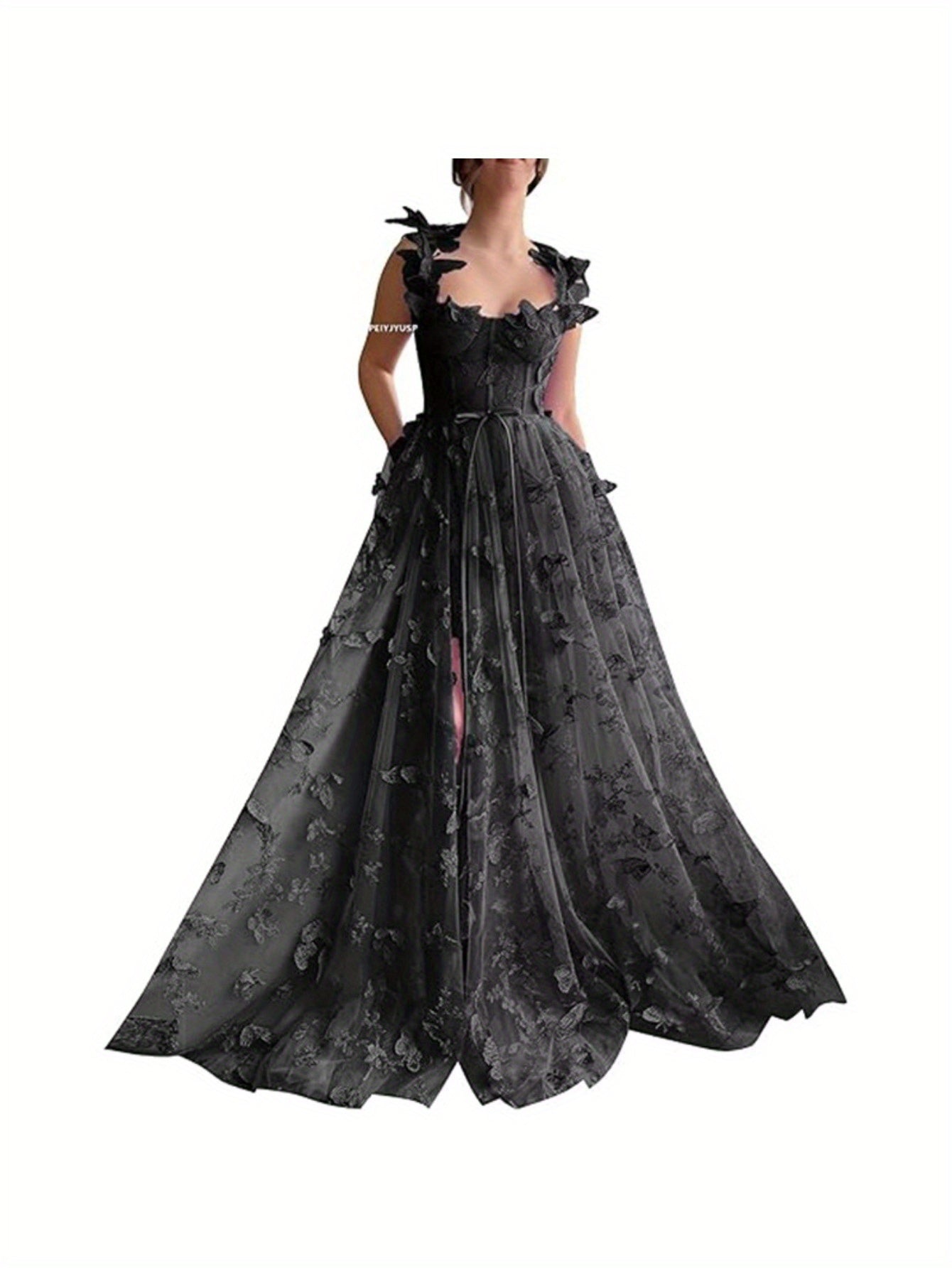 Elegant Long Sheer Flowy Floral & Butterfly Lace Gown