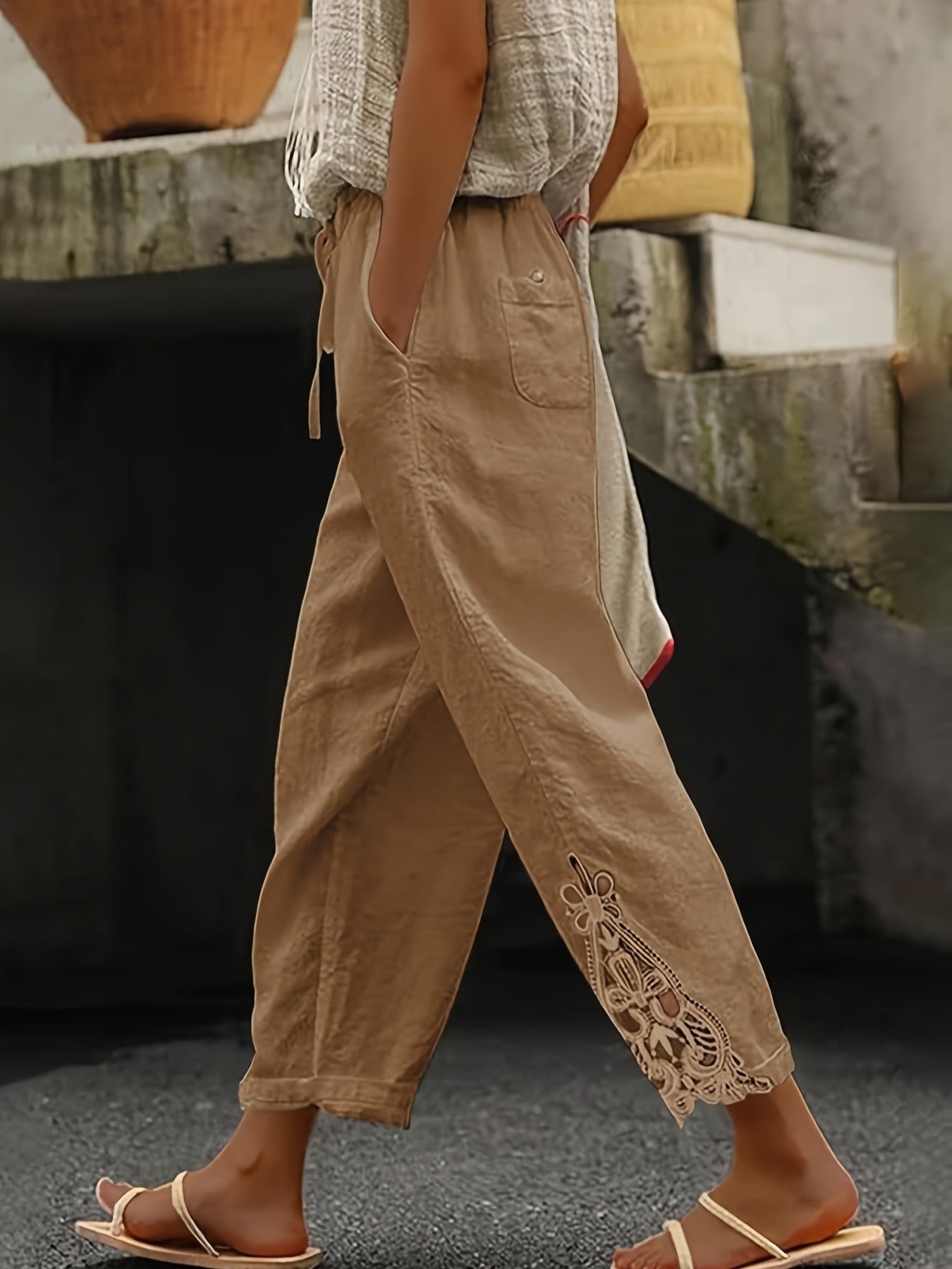 Women’s Lace Cutout Drawstring Straight Pants – Casual Wide Leg Lounge Trousers Khaki CJ Dropshipping Light White Cotton Pants