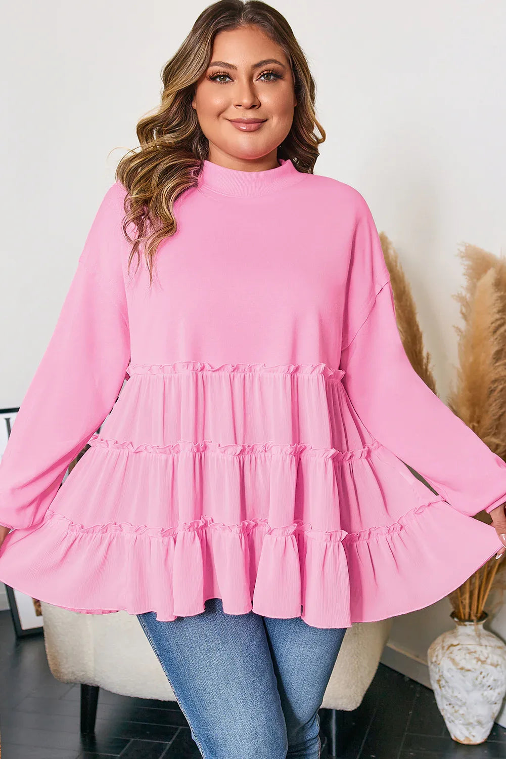 Tiered Ruffle Ribbed Crew Neck Long Sleeve Top Bazarre Mart Plus Size/Plus Size Tops/Plus Size Blouses & Shirts