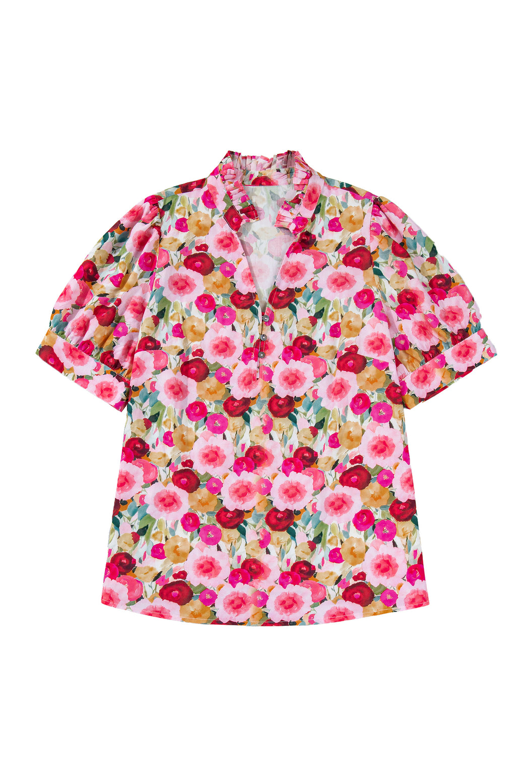 Plus Size Floral Split V-Neck Top – Puff Sleeve Button Detail Blouse Dear-Lover Dropshipping Plus Size/Plus Size Tops/Plus Size Blouses & Shirts