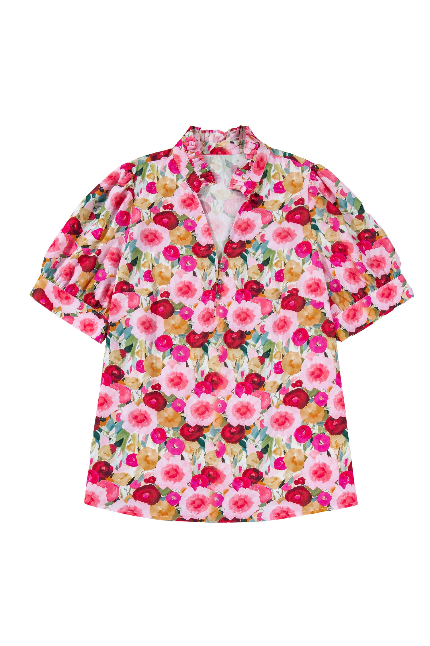 Plus Size Floral Split V-Neck Top – Puff Sleeve Button Detail Blouse Dear-Lover Dropshipping Plus Size/Plus Size Tops/Plus Size Blouses & Shirts