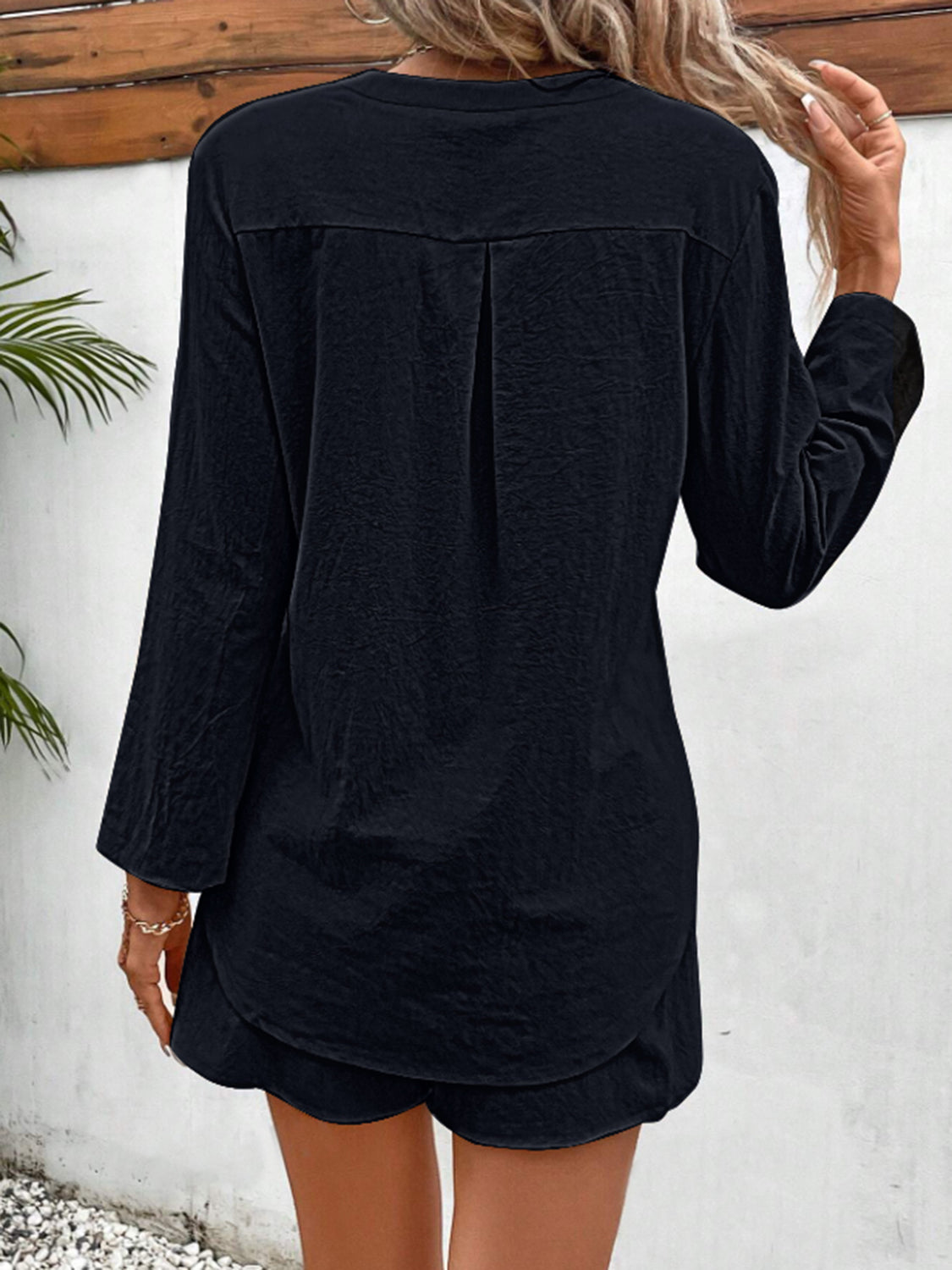 Rolled Long Sleeve Top and Drawstring Shorts Set