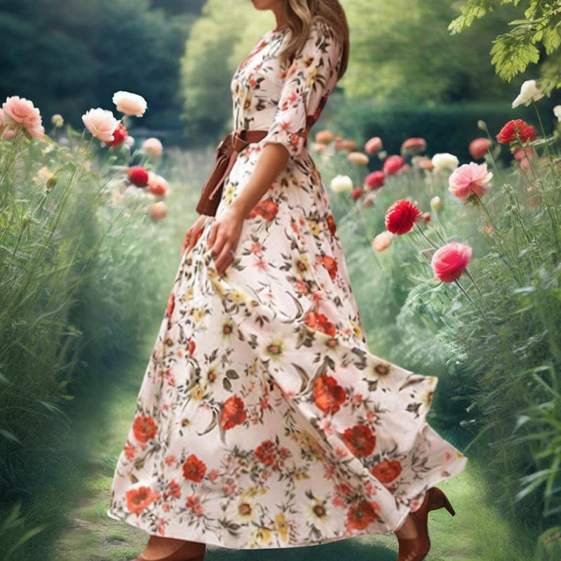 Elegant White with Red Floral Half Sleeve Midi Dress