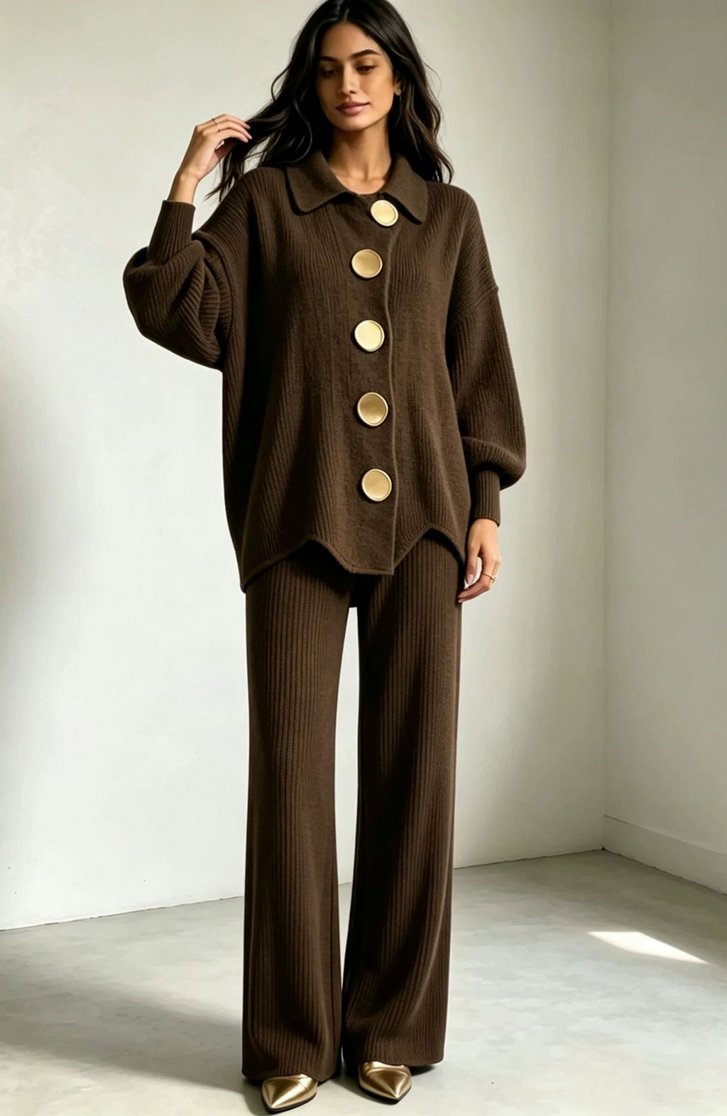 Ribbed Knit Two-Piece Pants Set with Button-Front Cardigan
