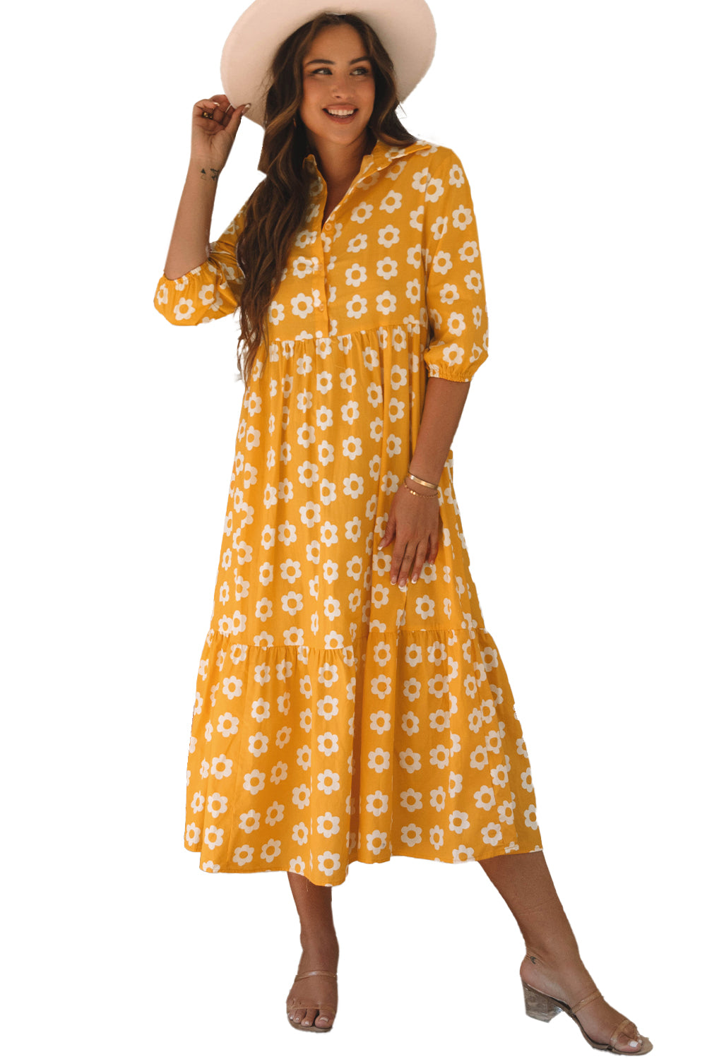 Yellow Flower 3/4 Sleeve Buttons Collared Maxi Dress