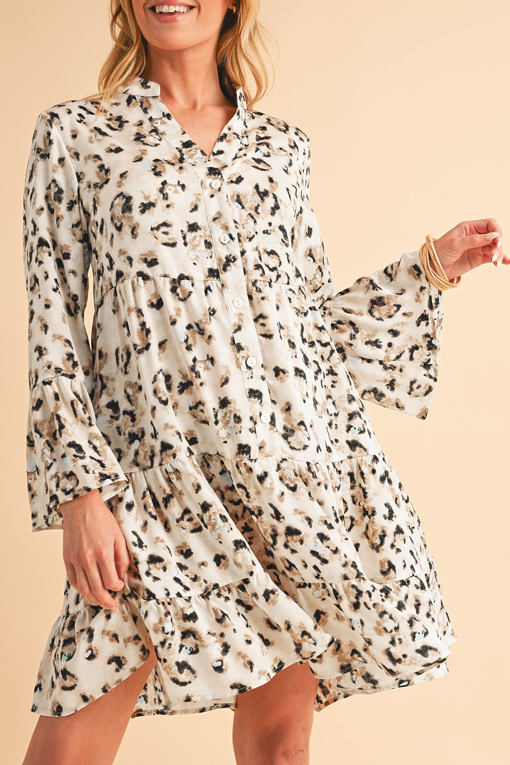 Khaki Leopard Button V Neck Pocket Flowy Mini Dress Shewin Short Dresses