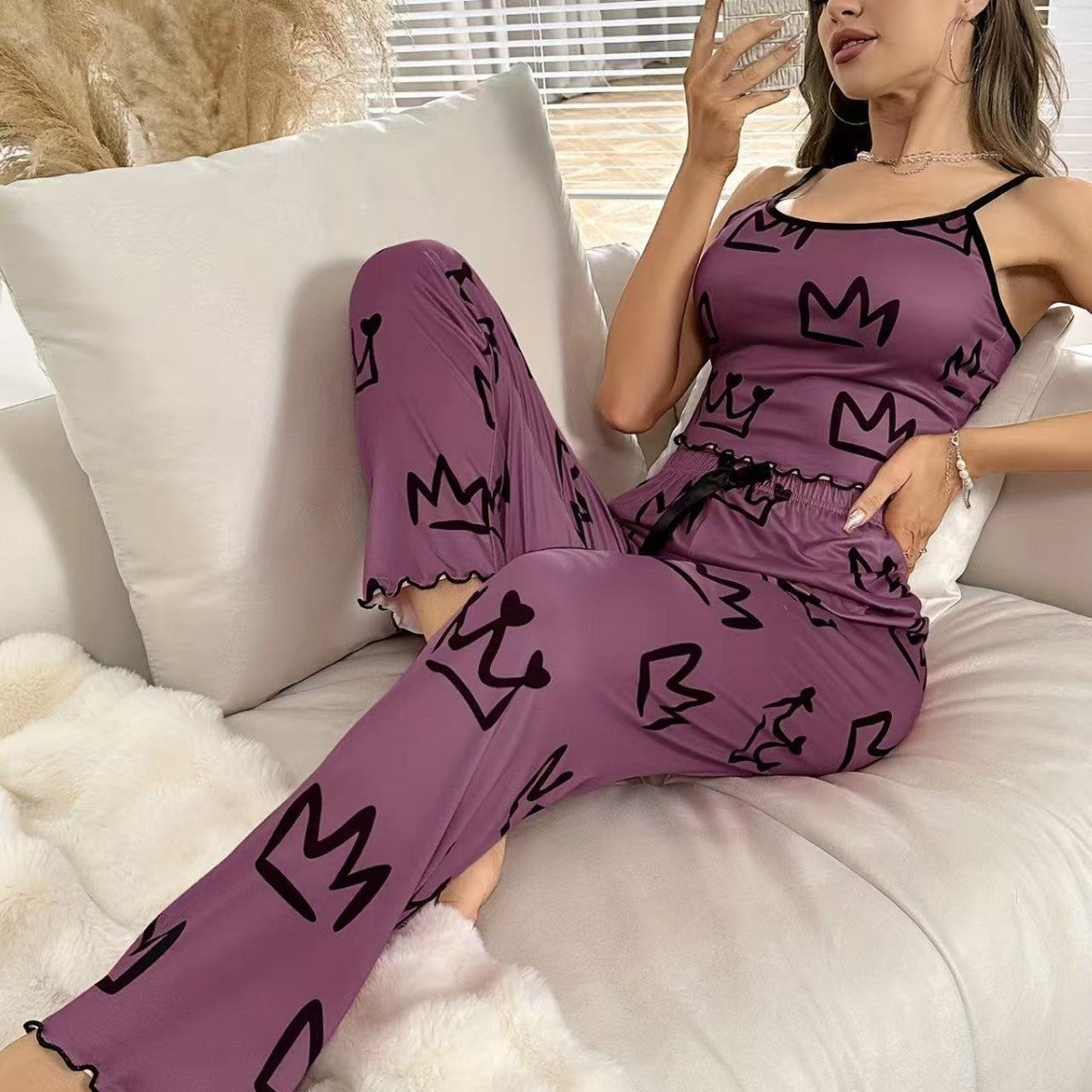 Women’s Crown Print Pajama Set – Milk Silk Cami & Pants Two-Piece Sleepwear CJ Dropshipping Grey Spaghetti Strap PJs