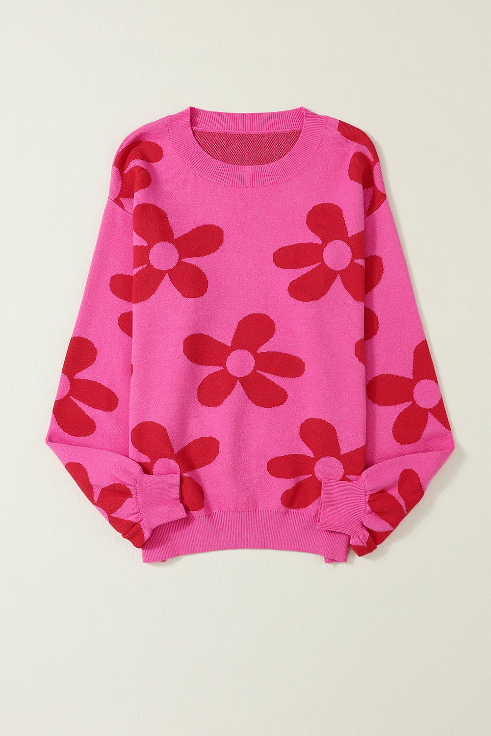 Rose Big Flower Knit Ribbed Trim Sweater