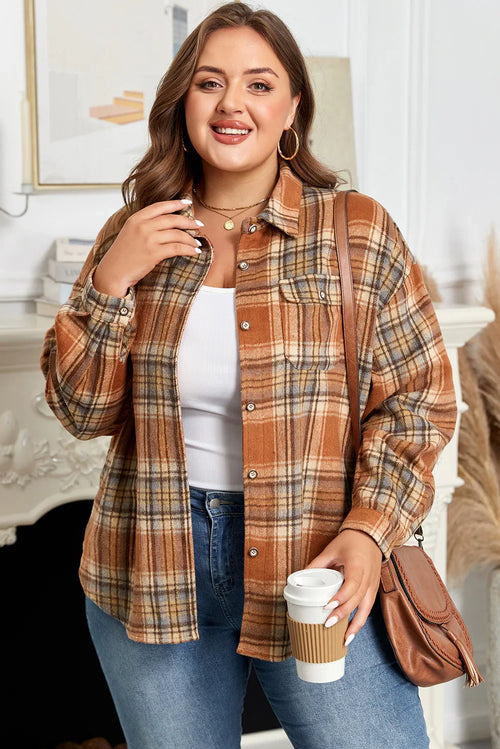 Brown Plaid Flap Pocket Button Up Shacket Brown 100%Polyester Bazaare Mart Plus Size/Plus Size Outerwear