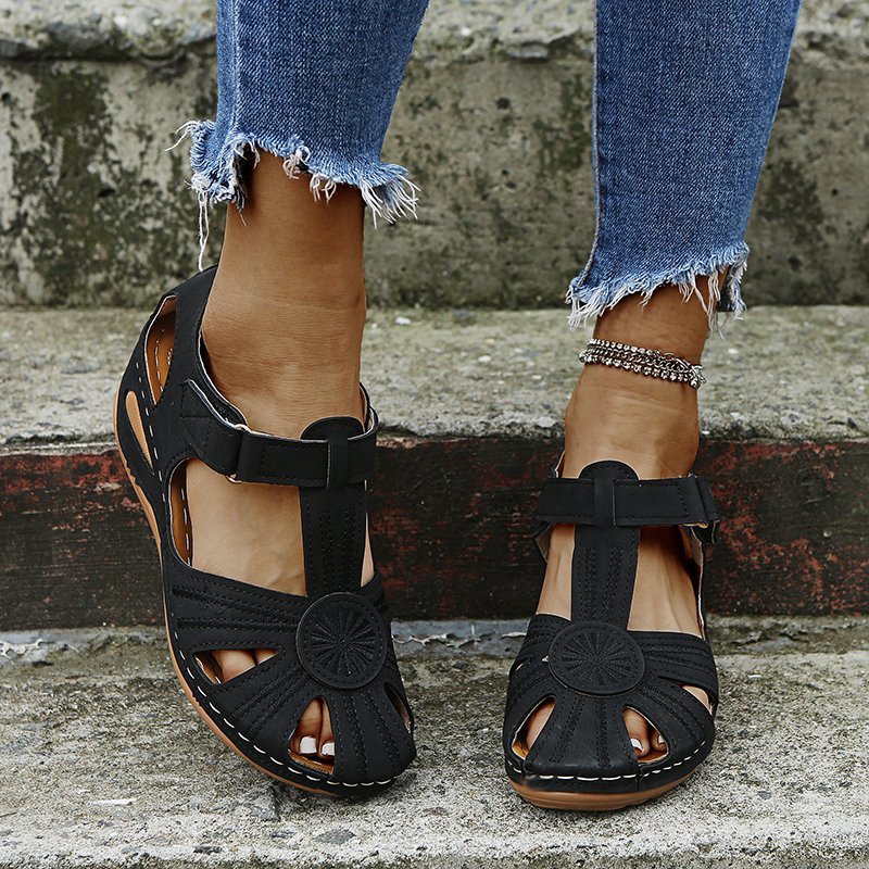 Women’s Cutout Beach Sandals – Round Toe Velcro Comfort Summer Sandals Black CJ Dropshipping Huarache Sandals