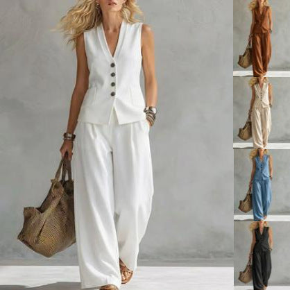 Women’s Sleeveless Linen Tank & Wide Leg Pants Set – Casual 2-Piece Summer Outfit CJ Dropshipping Vest and Pants Set