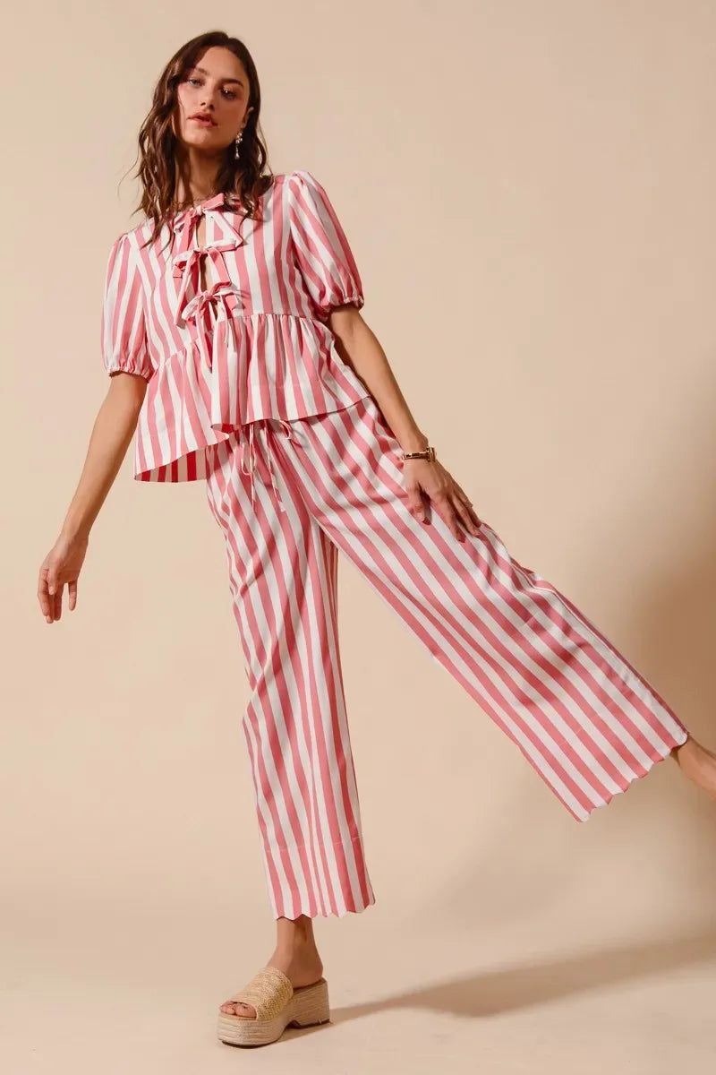 Pink Striped Pants Set Trendsi Front Tie Stripe Top With Puff Sleeves and Pants