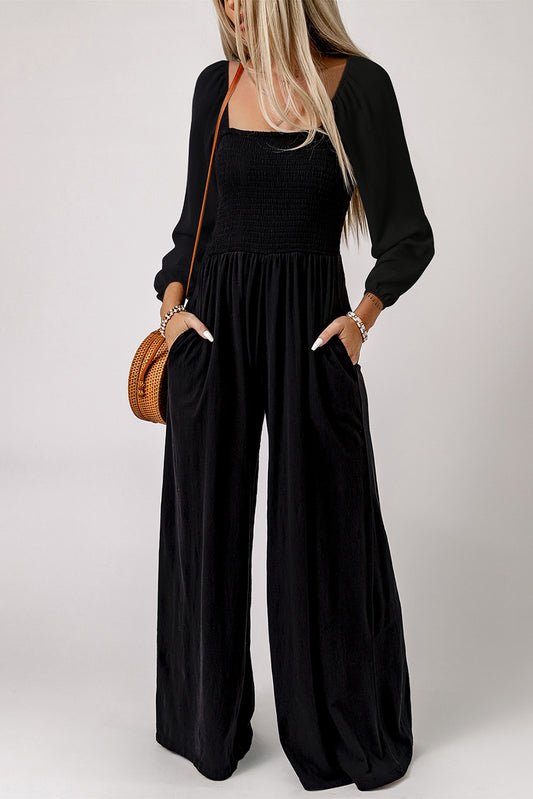 Black Peasant Style Long Sleeve Wide Leg Jumpsuit