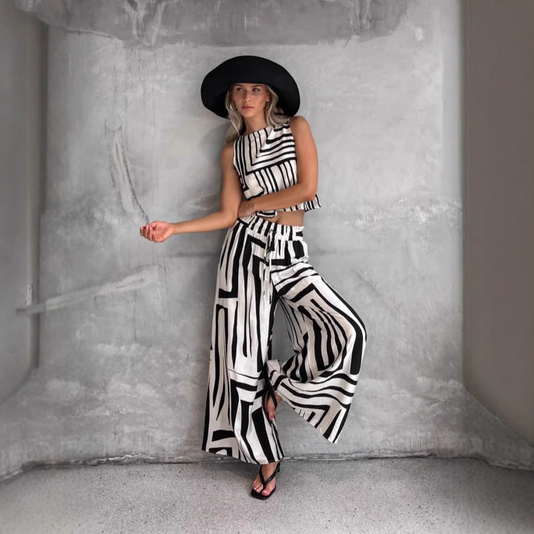 B&W Sleeveless Top and Wide-leg Pants Set CJ Dropshipping B&W Print Sleeveless Pantsuit