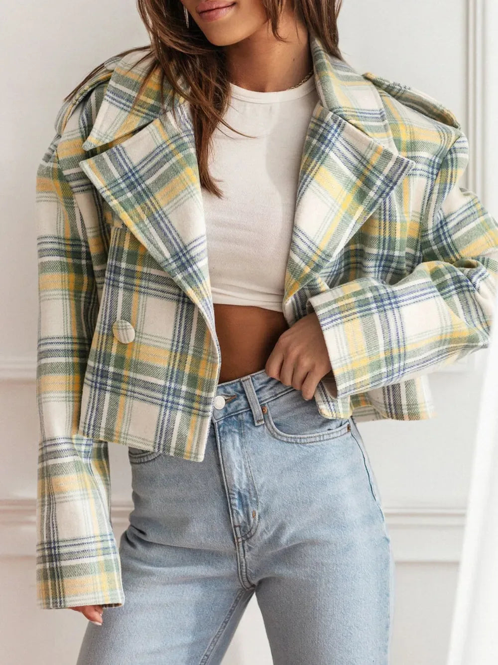Lapel Collar Plaid Cropped Jacket Bazaare Mart Lapel Collar Plaid Cropped Jacket