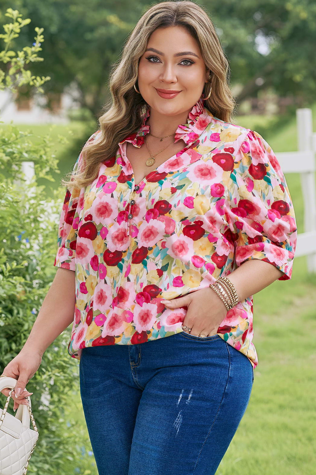 Plus Size Floral Split V-Neck Top – Puff Sleeve Button Detail Blouse Dear-Lover Dropshipping Plus Size/Plus Size Tops/Plus Size Blouses & Shirts