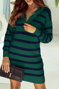 Green Striped Collared Loose Sweater Dress Green 46%Viscose+33%Polyester+21%Polyamide Bazaare Mart Sweaters & Cardigans/Sweater Dresses