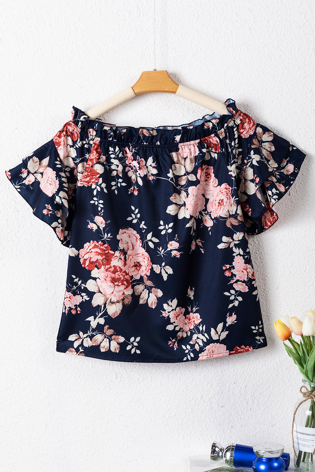 Navy Off Shoulder Flounce Sleeve Floral Blouse