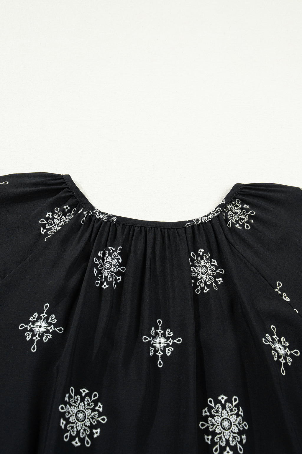 Black Boho Floral Notched V-Neck Top