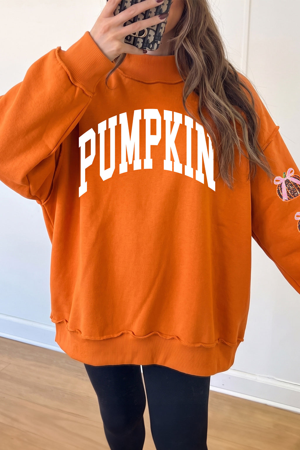 Orange Pumpkin Bow Glitter Sleeve Sweatshirt