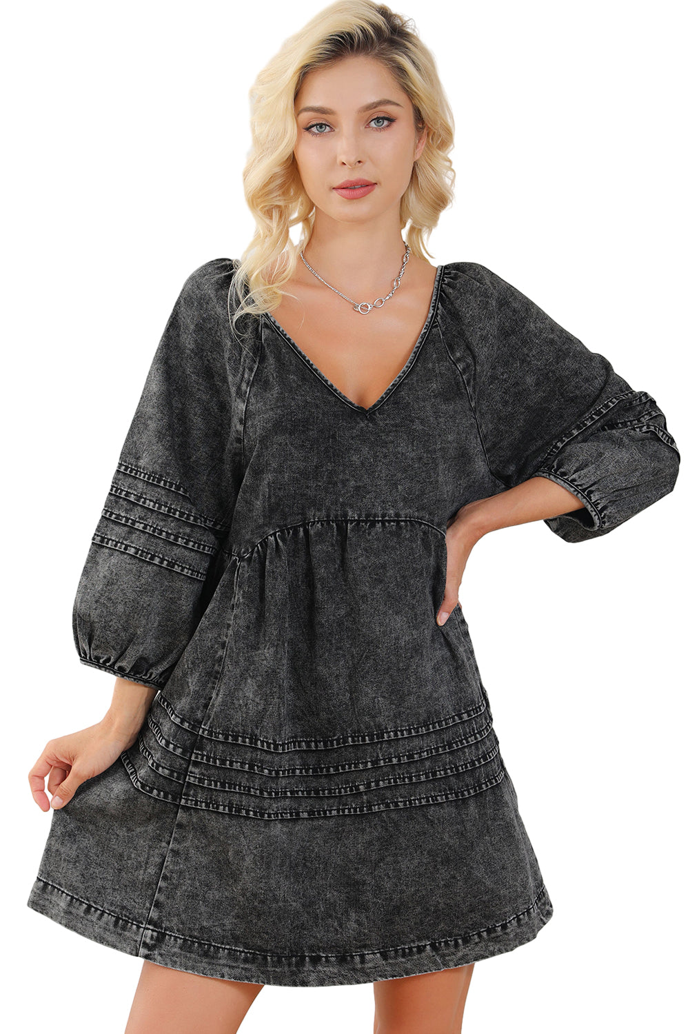 Black Pleated V Neck Puff Sleeve Denim Dress