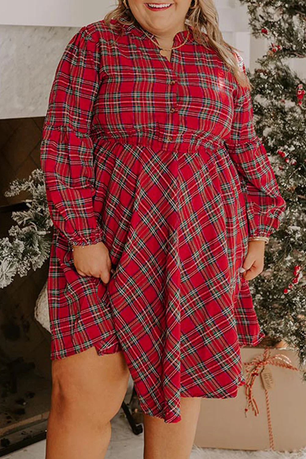 Red Plaid Half Button Long Sleeve Dress Red 75%Polyester+25%Cotton Bazaarre Mart Plus Size/Plus Size Dresses/Plus Size Mini Dresses