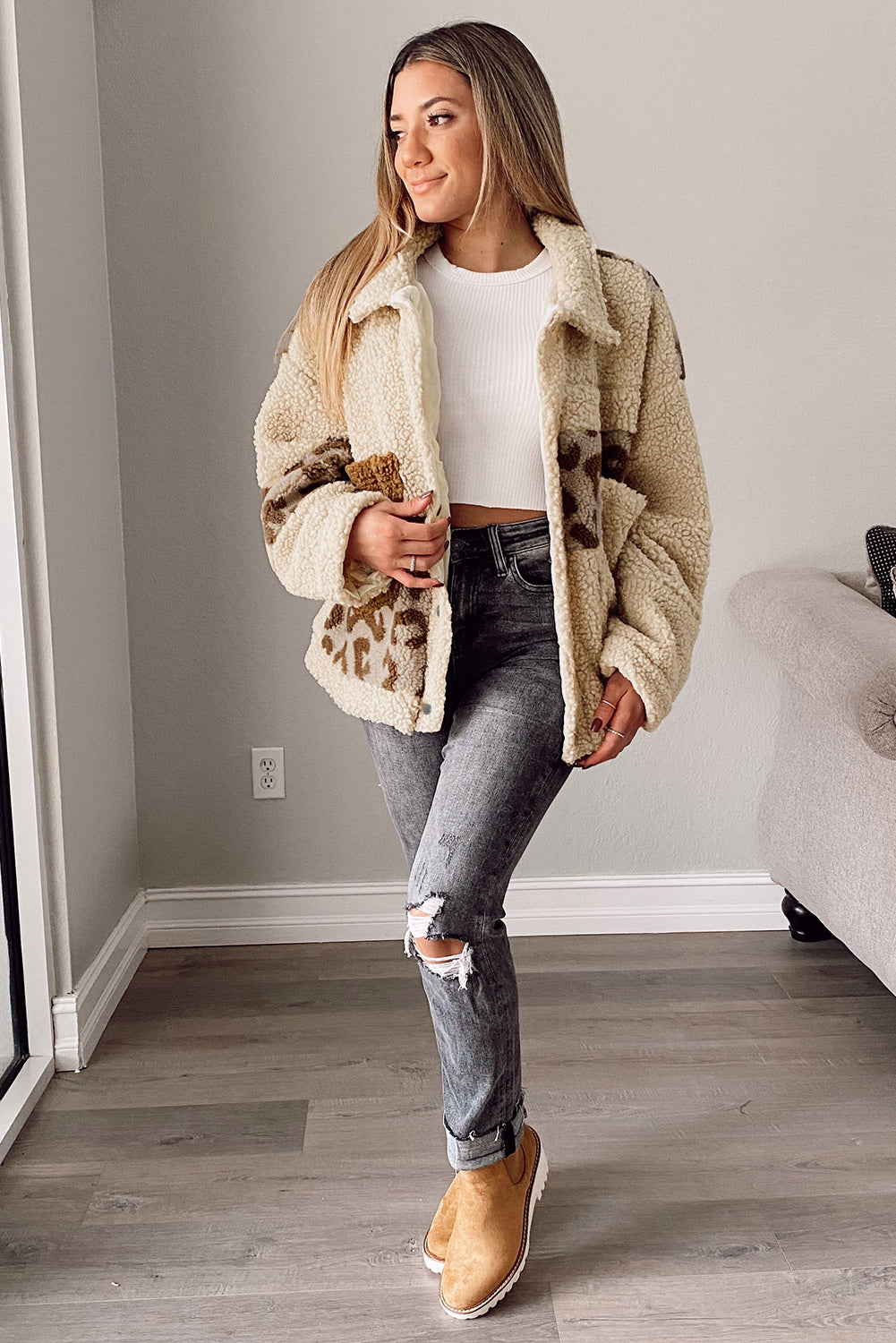 Beige Leopard Sherpa Jacket