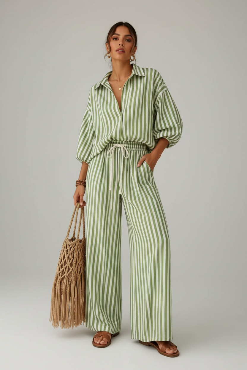 Striped Puff Sleeve Shirt and Wide-Leg Drawstring Pants Set