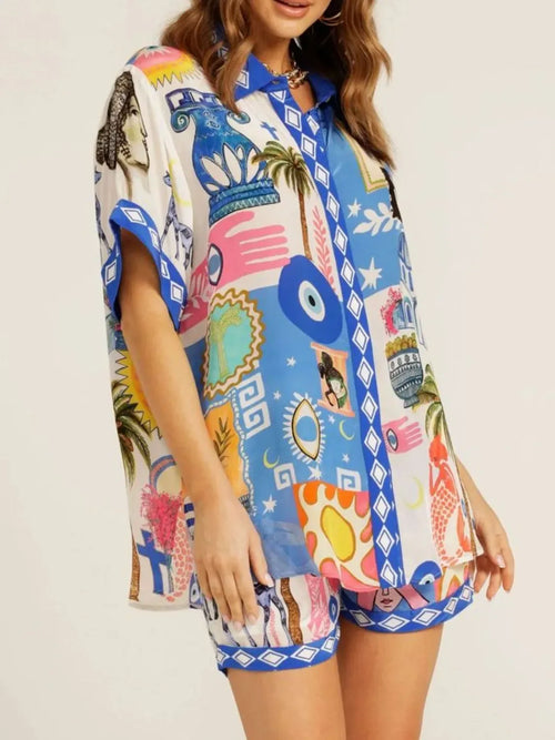 Abstract Button Up Shorts Set Bazaare Mart Button Up Half Sleeve Top and Shorts Set