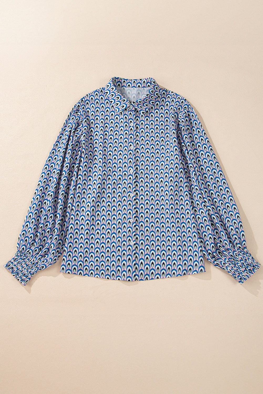 Blue Abstract Print Shirred Cuff Buttoned Oversized Shirt