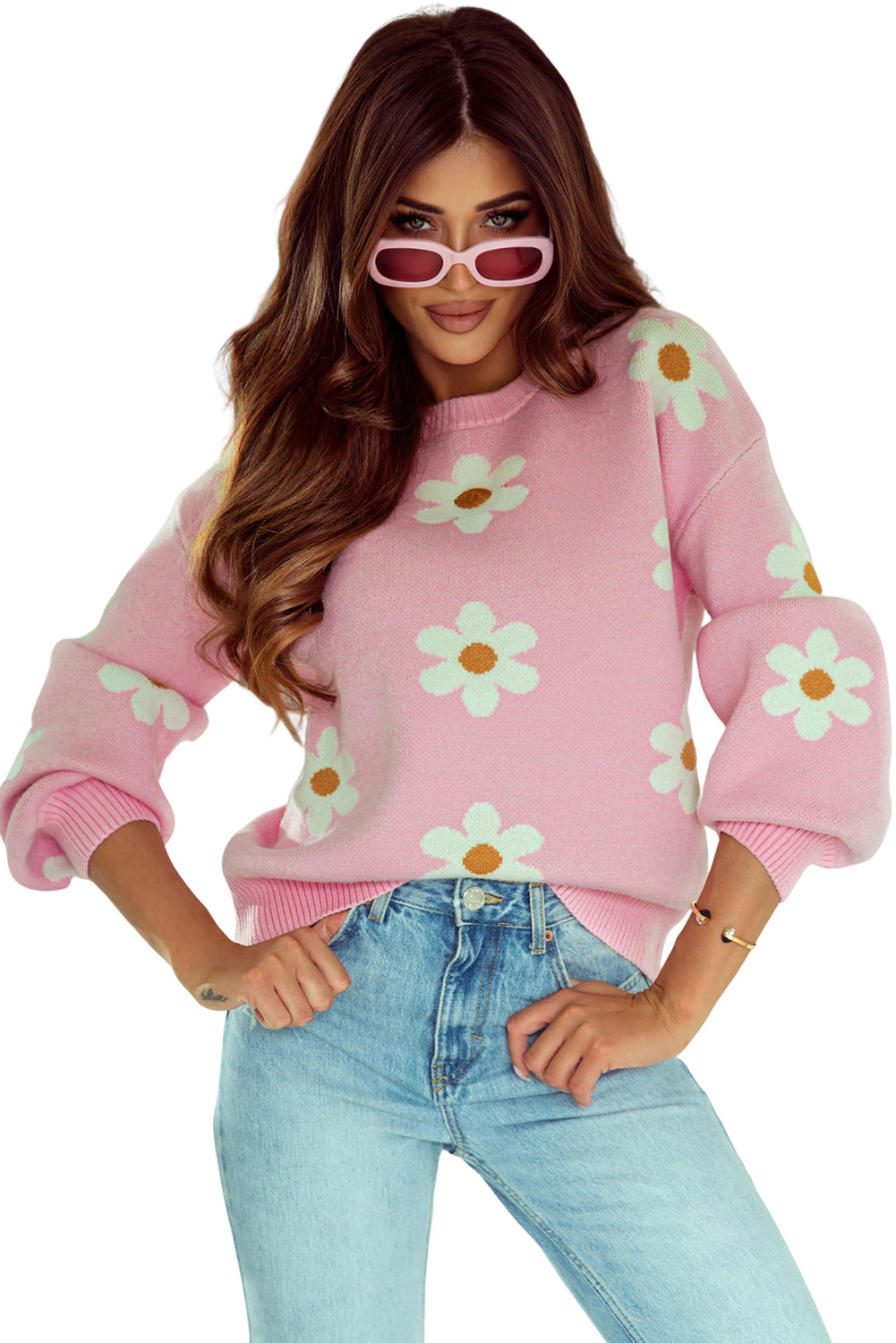 Pink Daisy Drop Shoulder Sweater