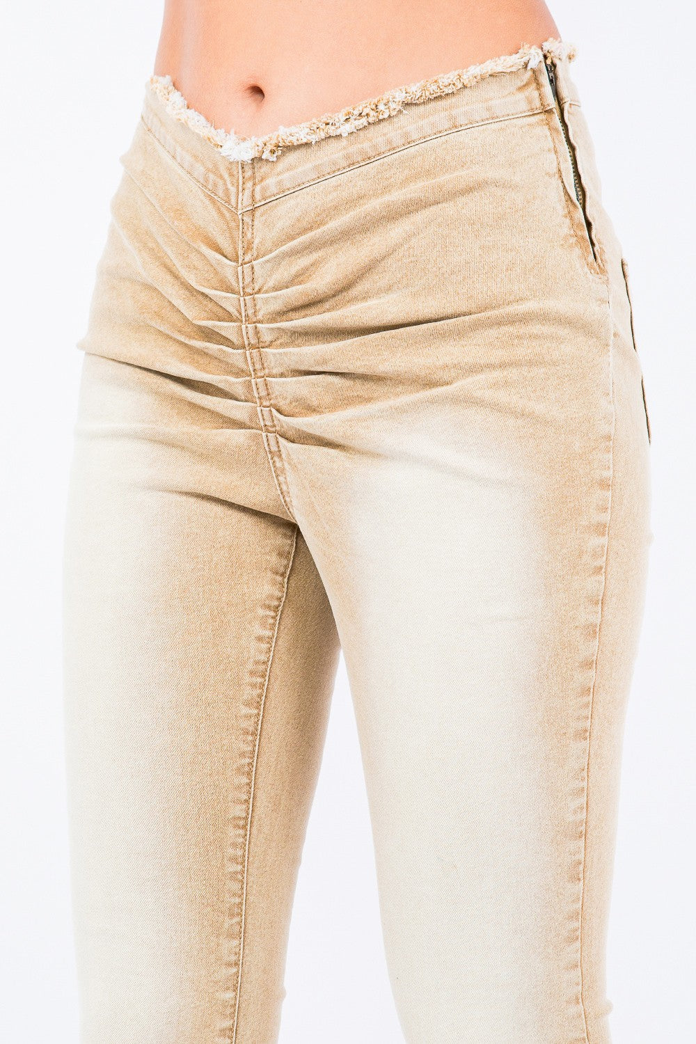 Distressed Beige V-Cut Ruched Flare Pants