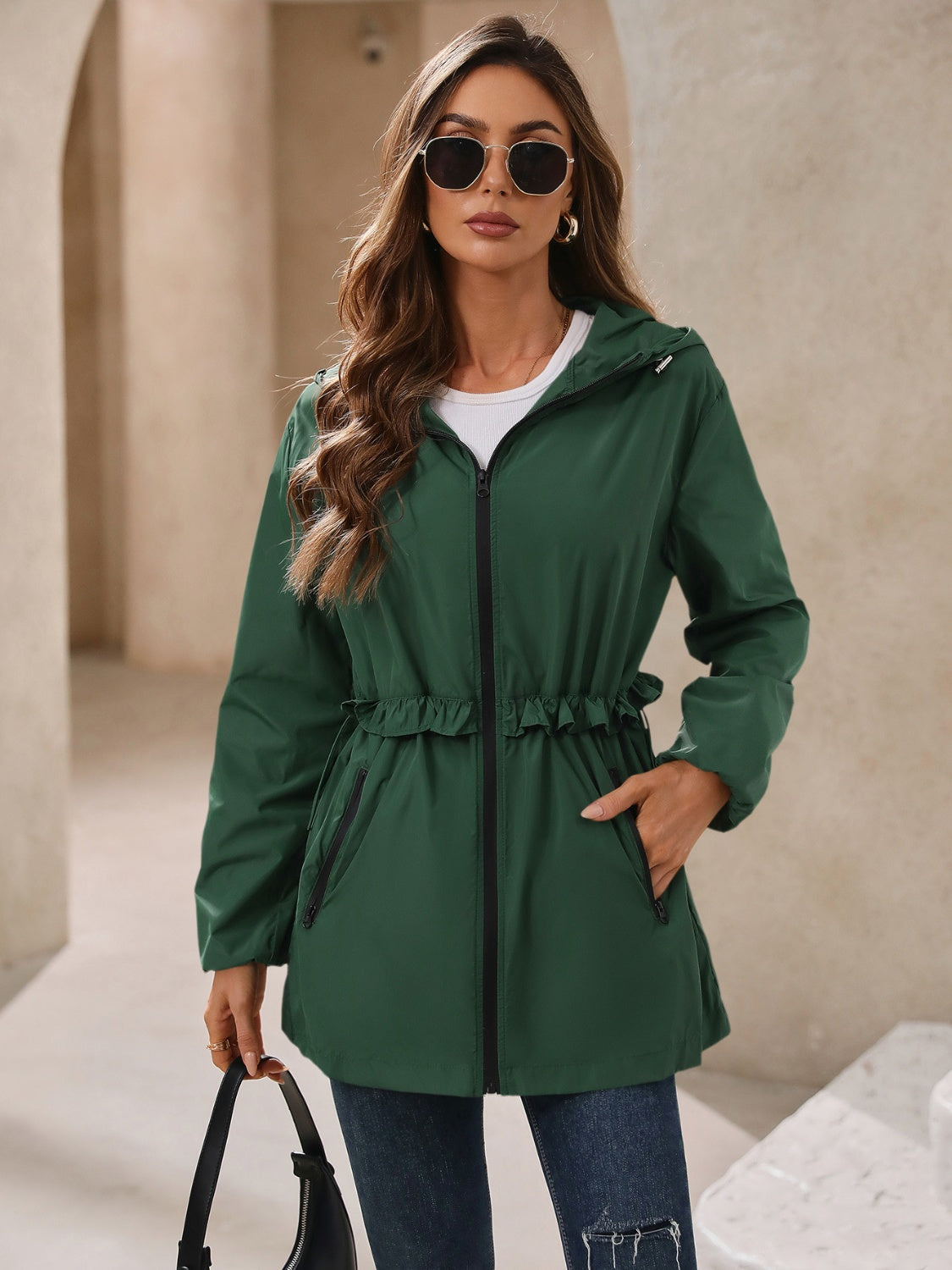 Waterproof Gathered Waist Hooded Jacket