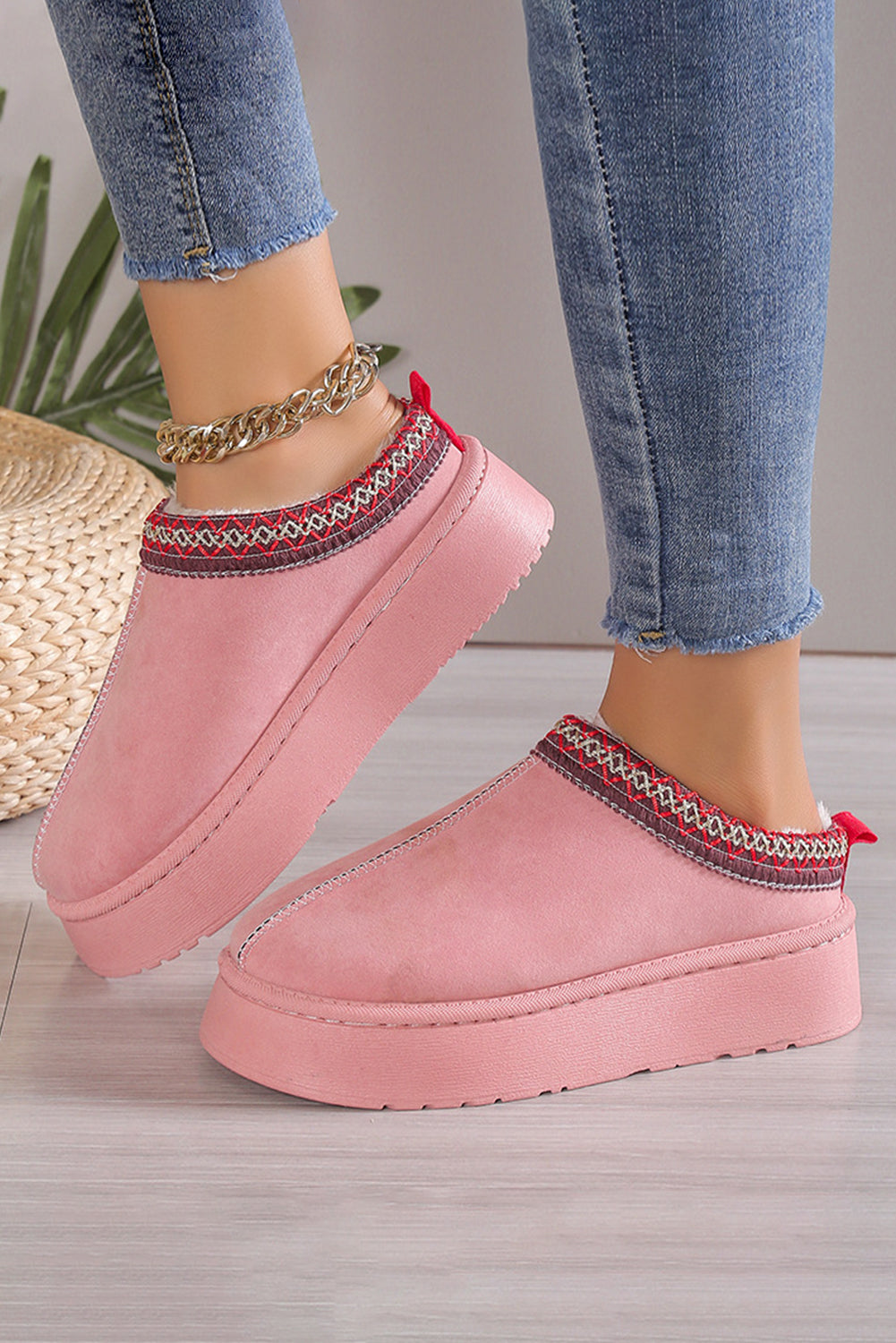 Suede Fur Trim Thick Flat Slippers