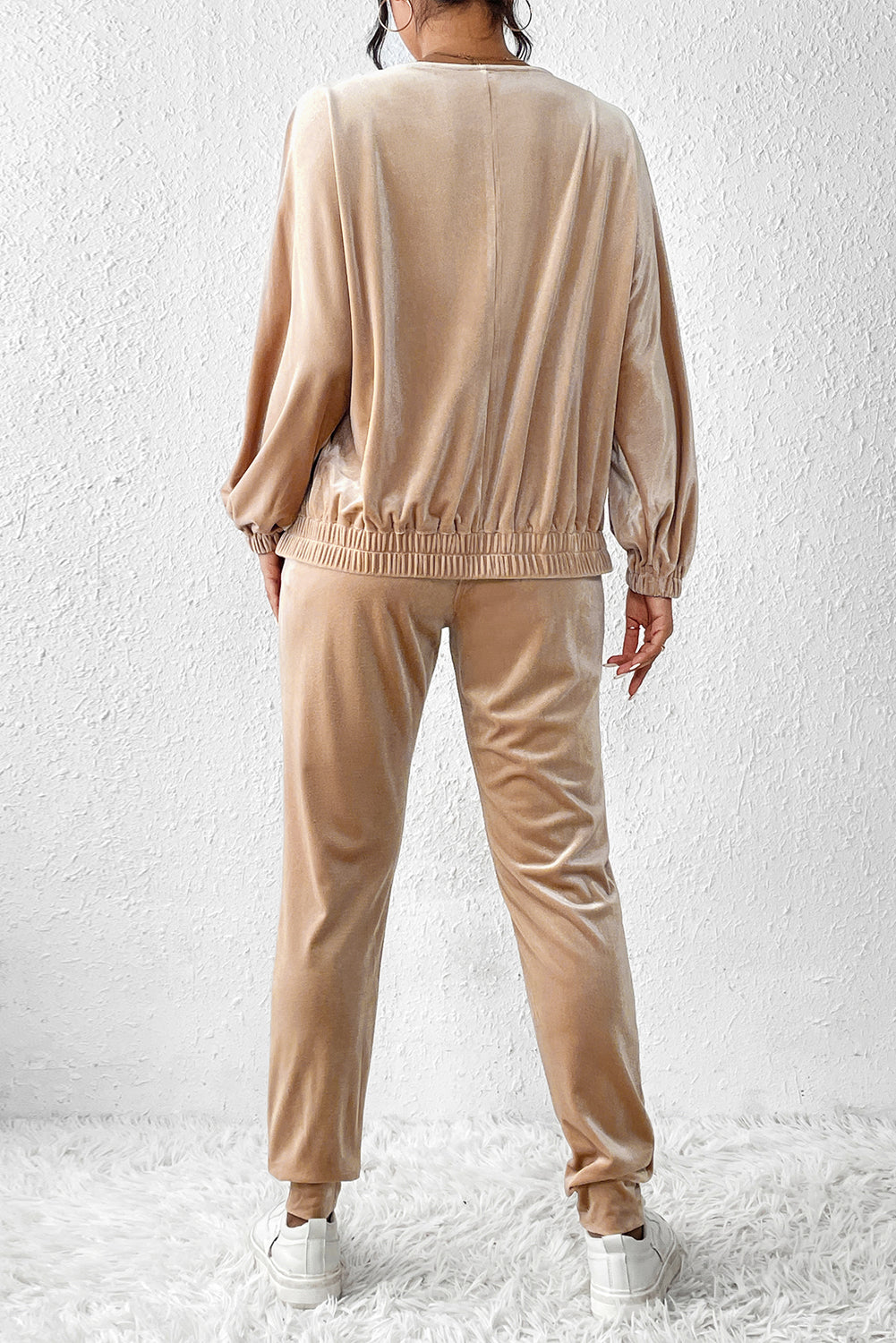 Beige Velvet Zipped Top and Joggers Two Piece Set