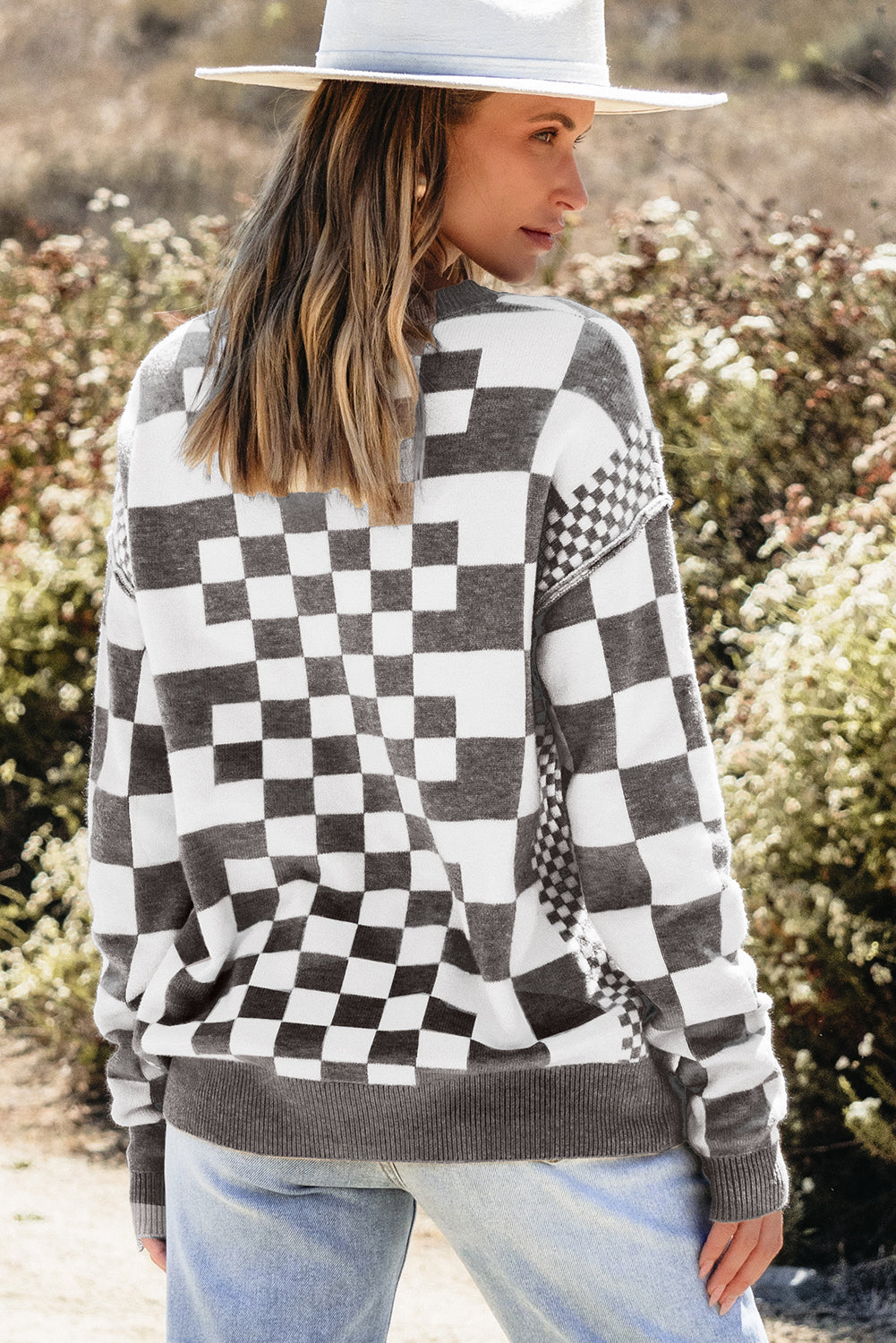 Gray Checkered Drop Shoulder Round Neck Sweater