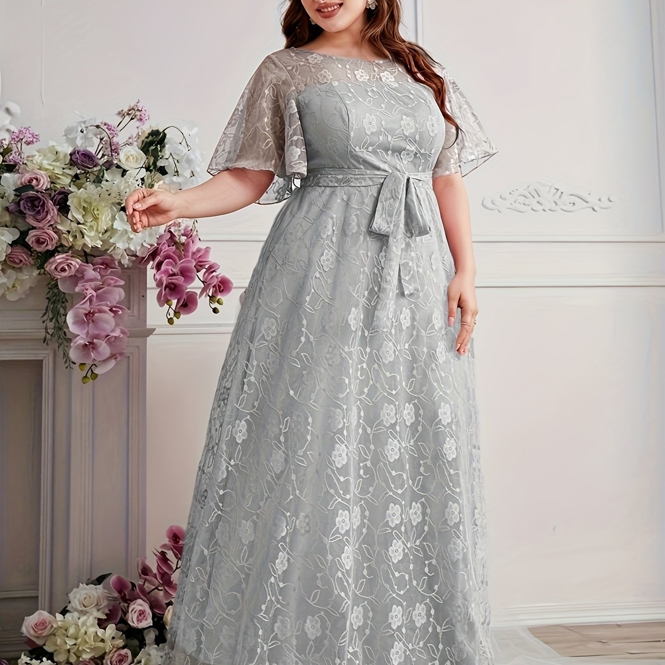 Elegant High Waist Lace Round Neck Half Flutter Sleeve Solid Color Formal Floor Length Dress