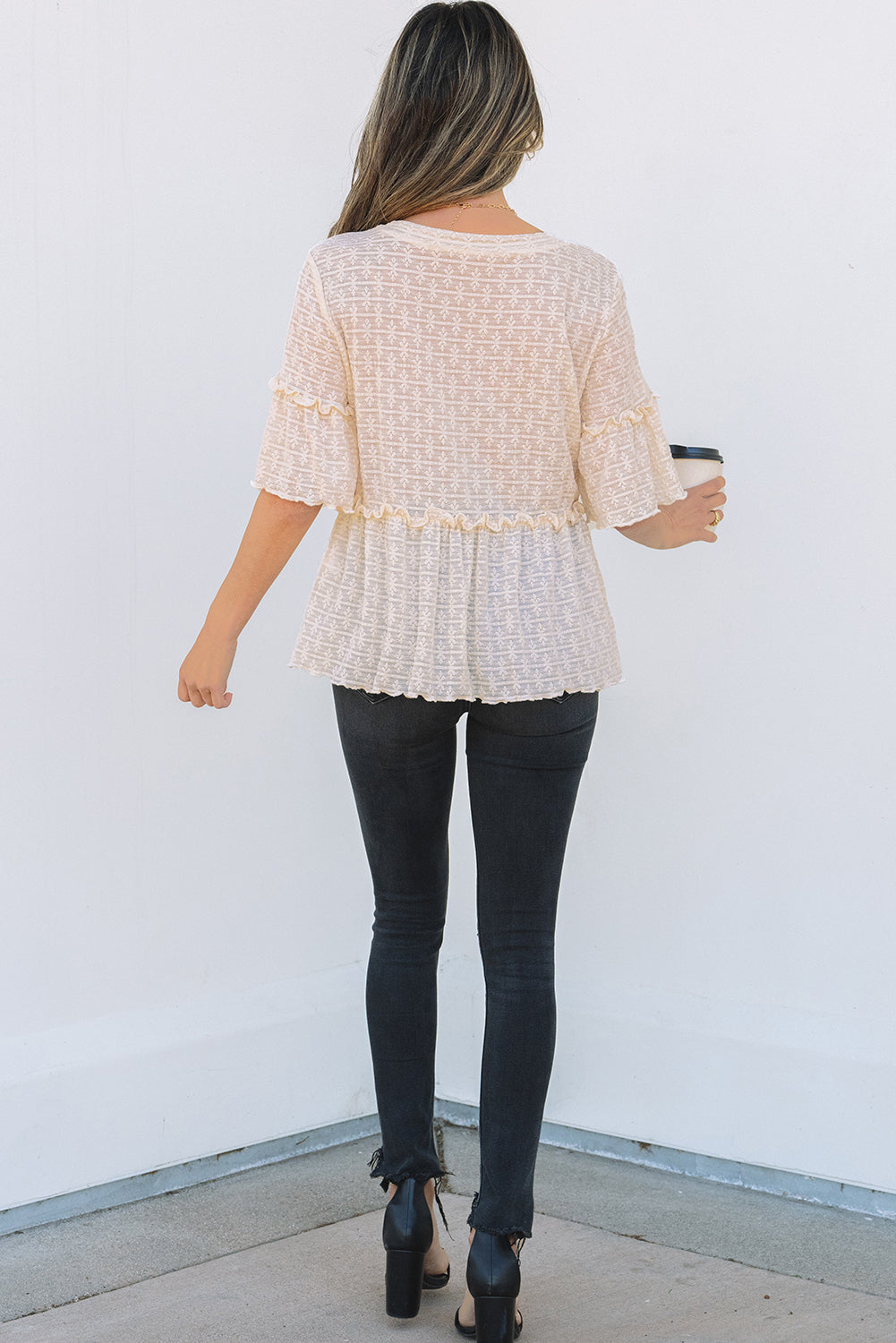Lacy Beige Textured Ruffled Half Sleeve Blouse