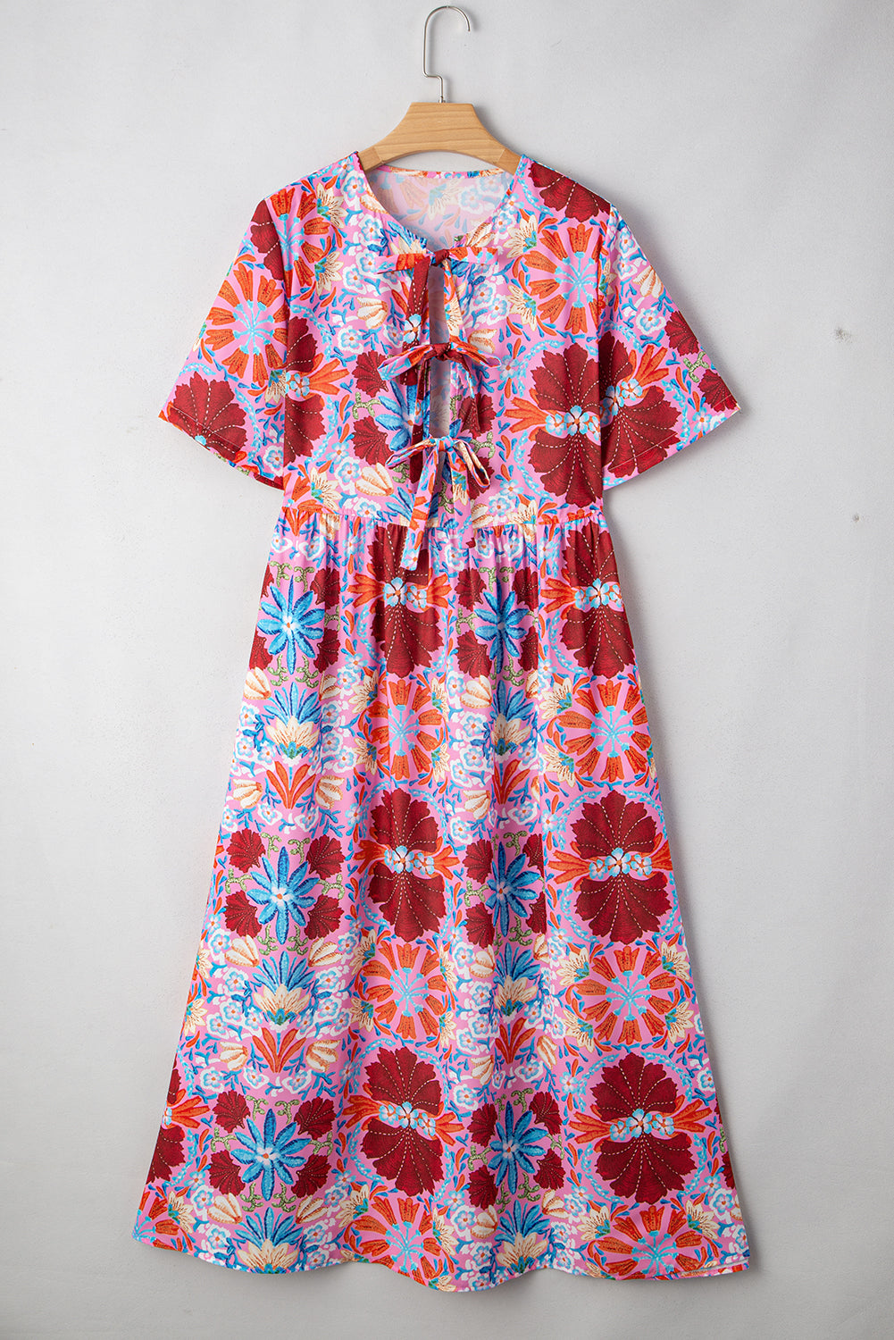 Rose Floral Tie Front Empire Waist Midi Dress Shewin Midi Dresses