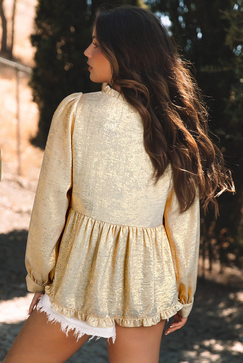 Gold Metallic V Neck Long Puff Sleeve Blouse