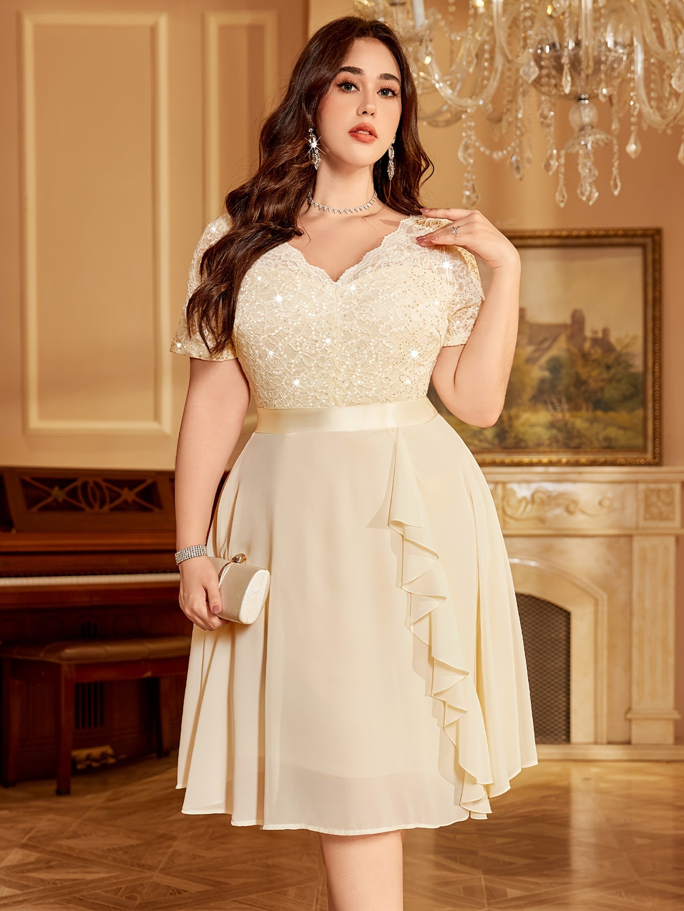 Sequin Lace V-Neck Short Sleeve Chiffon Ruffle Hem Dress