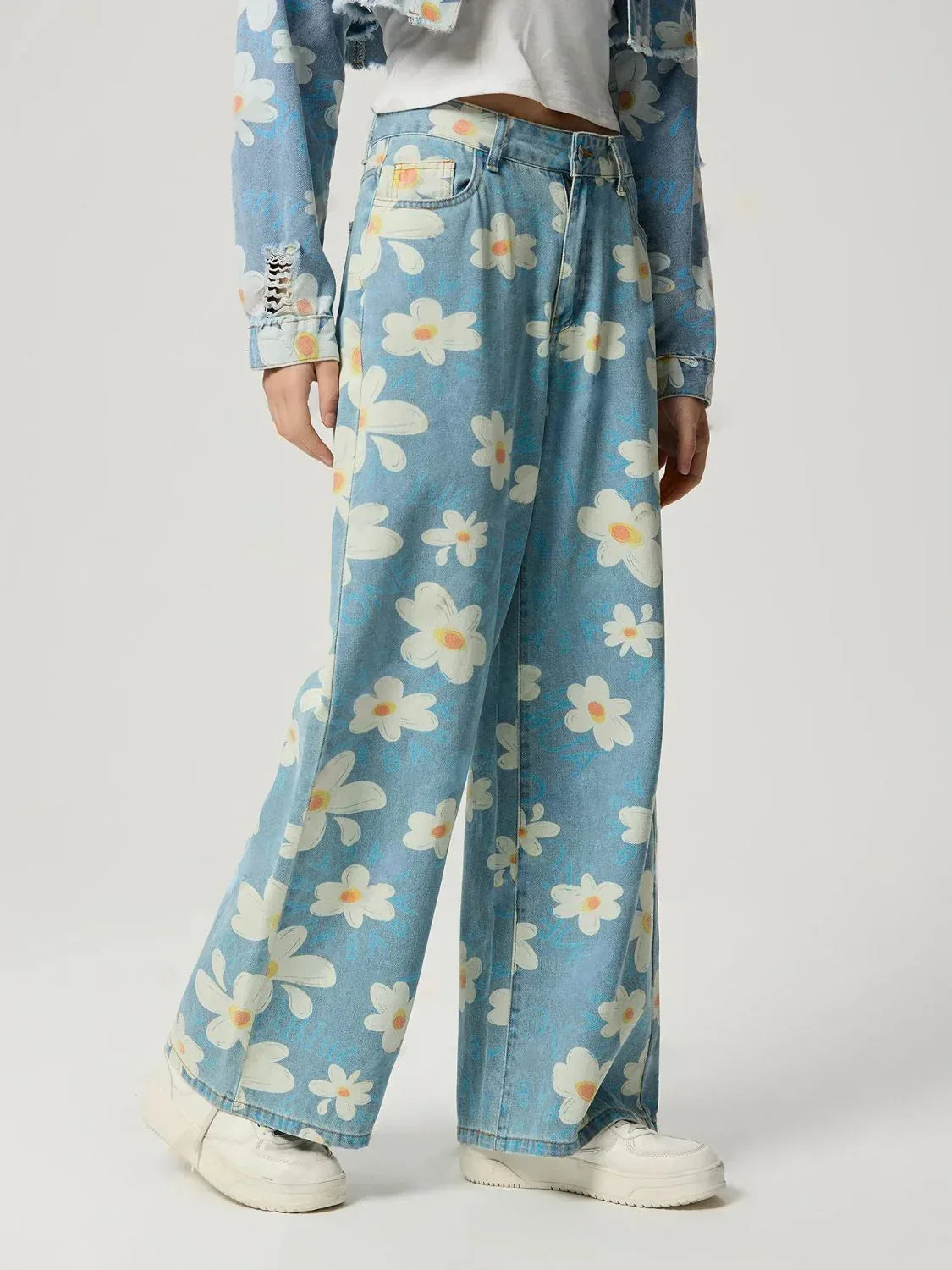 Pocketed Floral Wide Leg Jeans Bazarre Mart Flower Pants