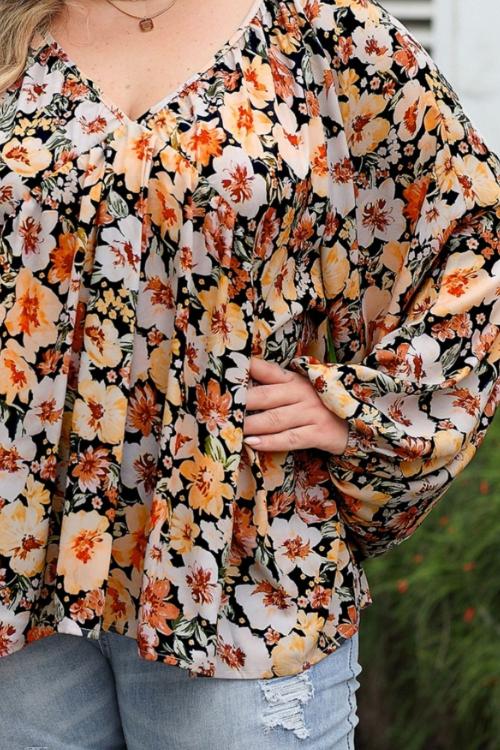 Brown Floral V-Neck Long Sleeve Blouse